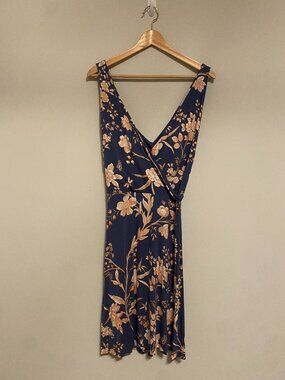 LOFT Mini Faux Wrap Dress w/ Back Cutout, Size 12, Blue Floral